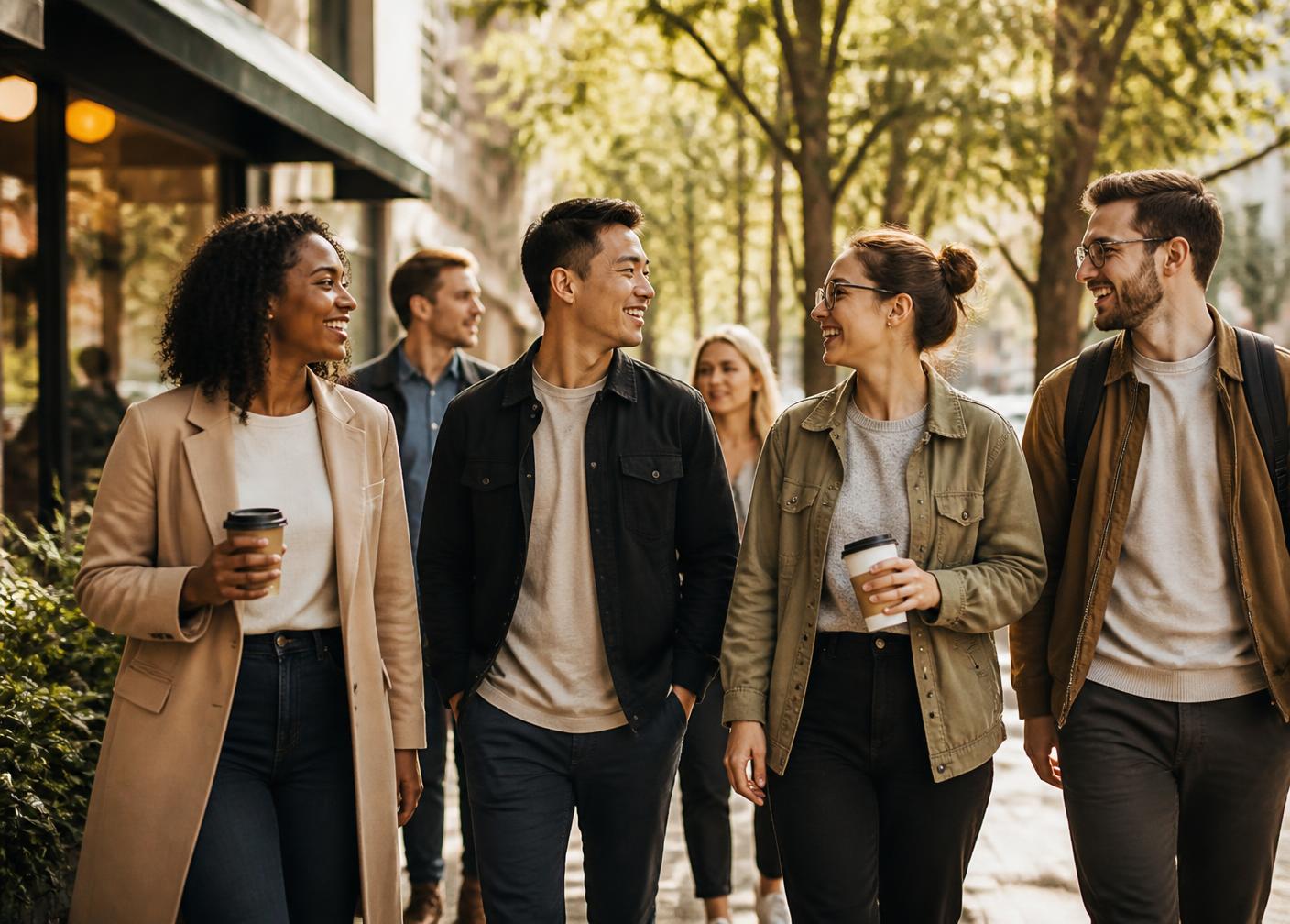 A diverse group of adults walking and talking on a sunlit street